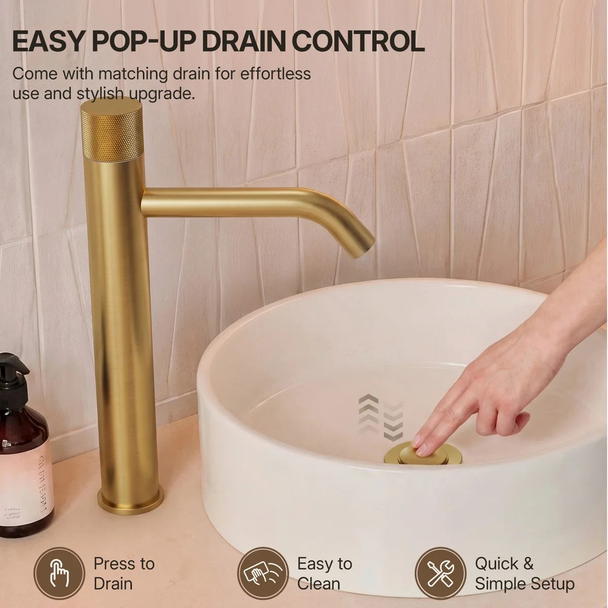 Single Hole Bathroom Vessel Faucet, Single Handle Bathroom Vessel Sink Faucet with Drain Assembly LP0223144-YS - Brushed Gold