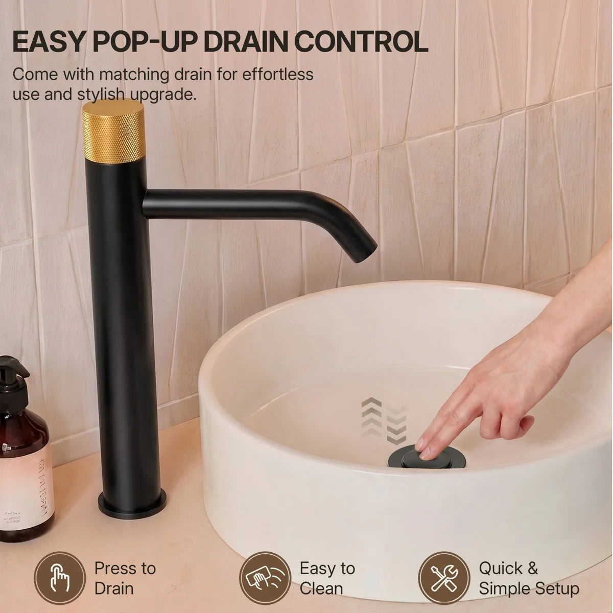 Single Hole Bathroom Vessel Faucet, Single Handle Bathroom Vessel Sink Faucet with Drain Assembly LP0220266-YS - Matte Black/Brushed Gold