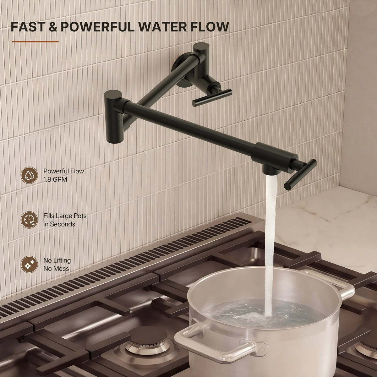 Wall Mount Pot Filler Faucet with Retractable Arm, 2-Handle Kitchen Faucet for Stove Use LP109CF - Matte Black