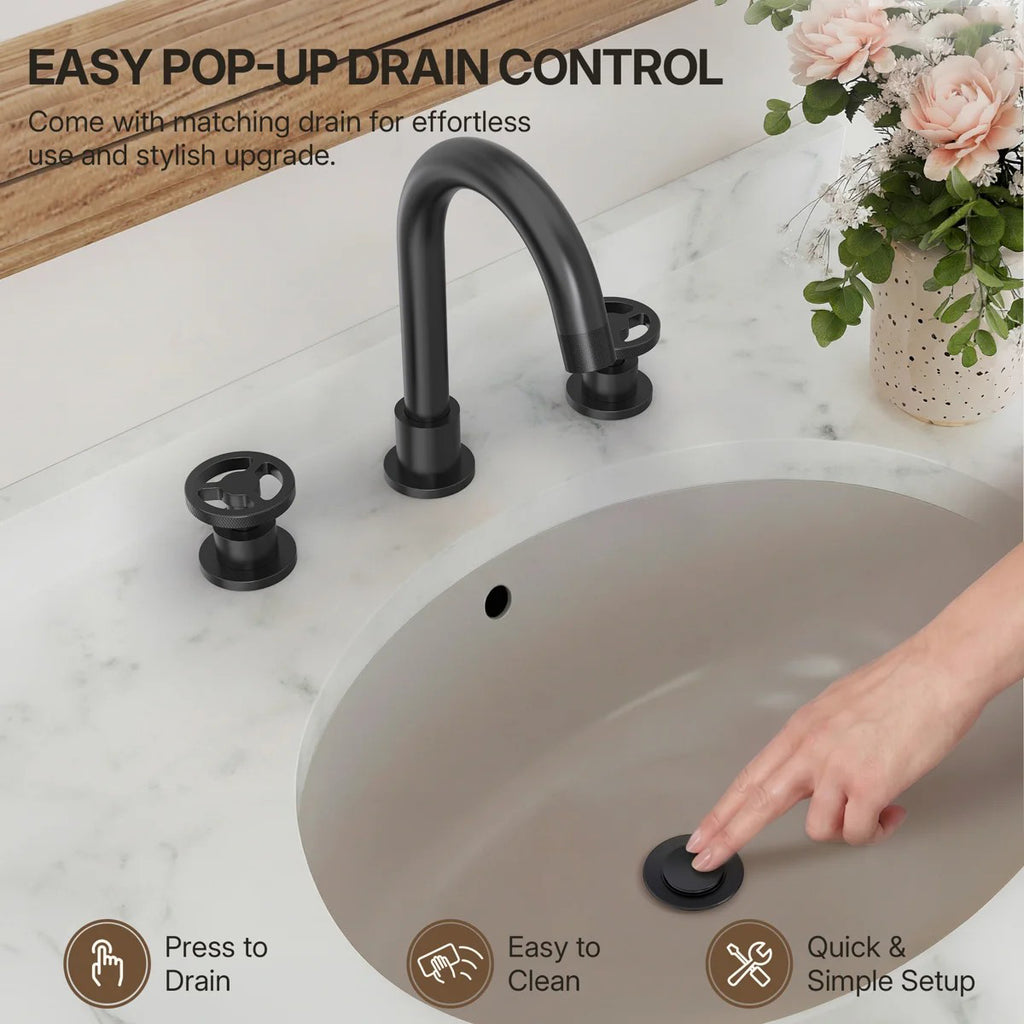 Widespread 3-Hole Bathroom Sink Faucet, 2-Handle Faucet with Wheel Knob Handles and Drain Assembly LP091-YS - Matte Black