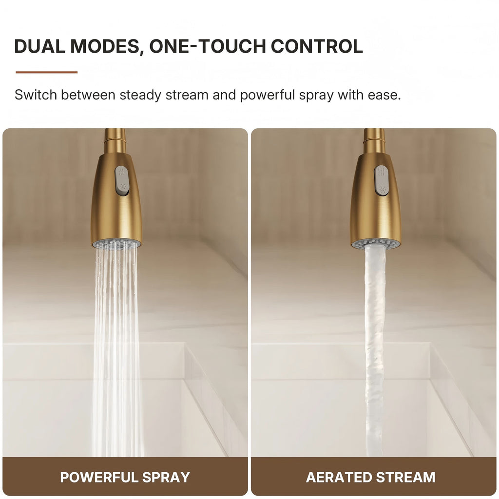 Commercial Dual-Function Pull Down Kitchen Faucet with High Arc Spring Spout LP03345-CF - Brushed Gold