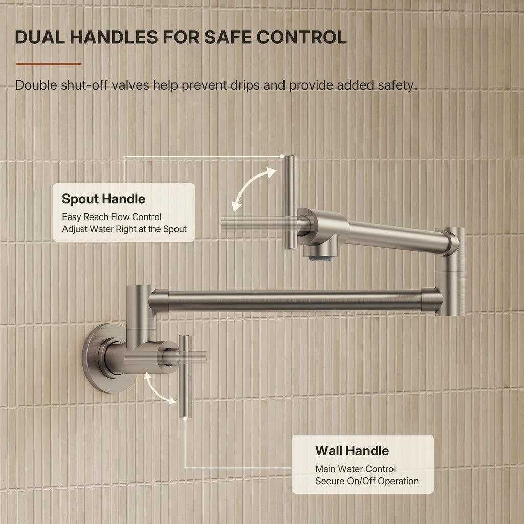 Wall Mount Pot Filler Faucet with Retractable Arm, 2-Handle Kitchen Faucet for Stove Use LP108-CF- Brushed Nickel