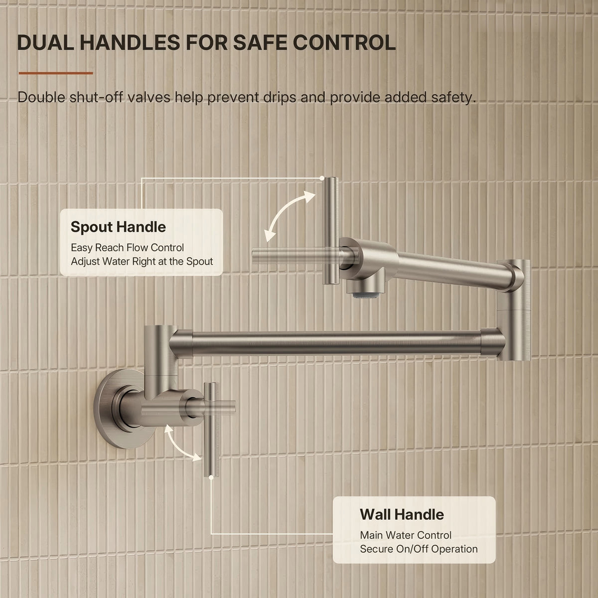 Wall Mount Pot Filler Faucet with Retractable Arm, 2-Handle Kitchen Faucet for Stove Use LP108-CF- Brushed Nickel