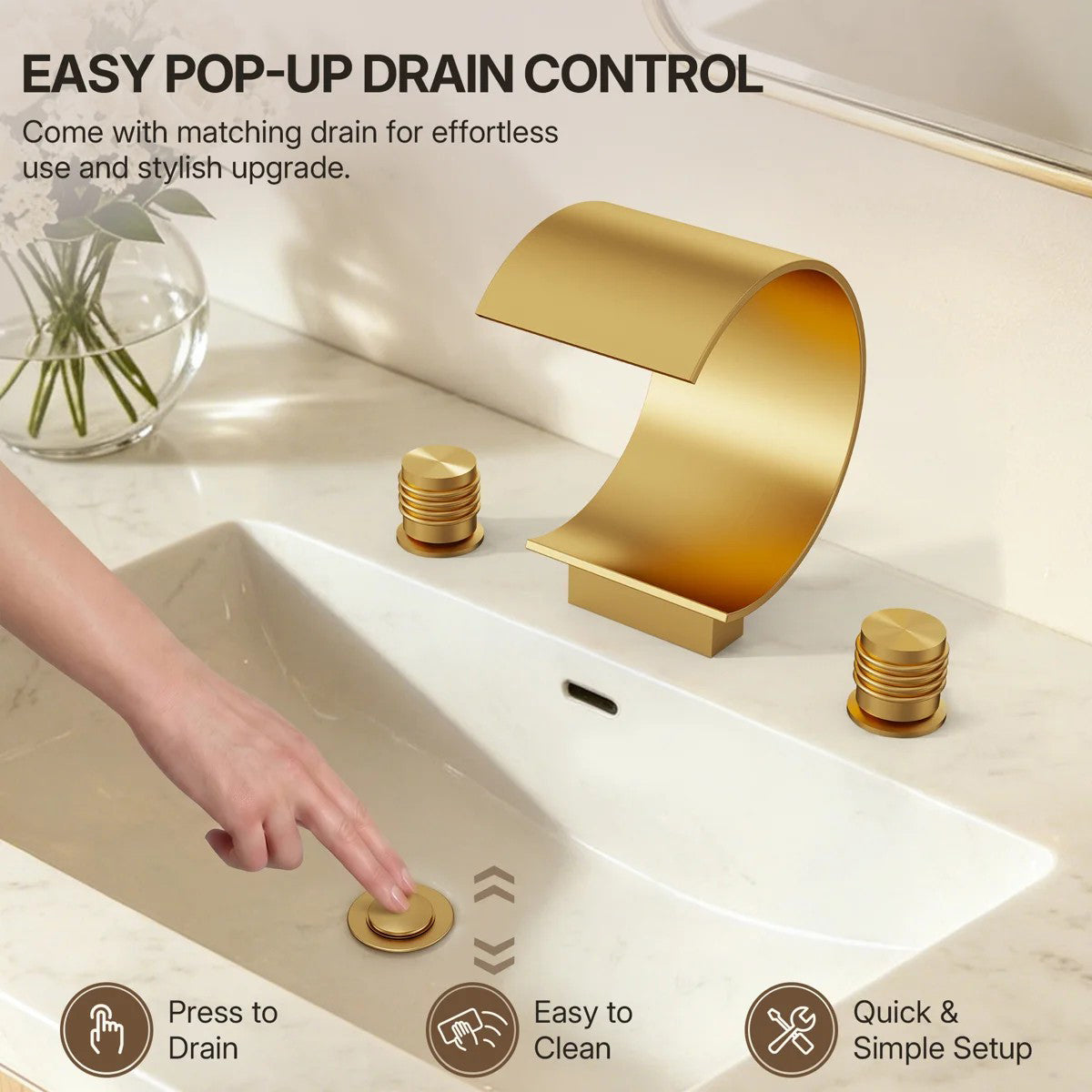Widespread Bathroom Faucet 3 Hole, 2-handle Bathroom Sink Faucet with Drain Assembly LP550181-YS - Brushed Gold