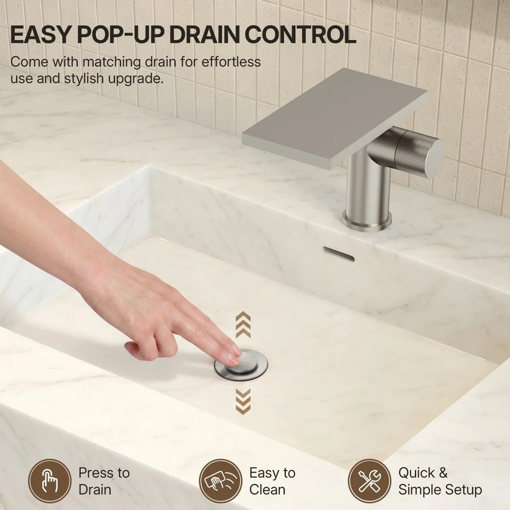 Single Hole Bathroom Faucet, Single-Handle Waterfall Sink Faucet with Drain Assembly LP0168-YS - Brushed Nickel