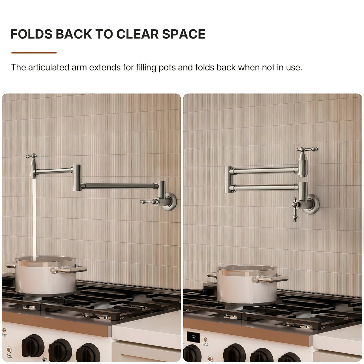Wall Mount Swing Arm Folding Pot Filler Kitchen Faucet, 2-Handle Kitchen Faucet for Stove Use LP09-CFK - Brushed Nickel