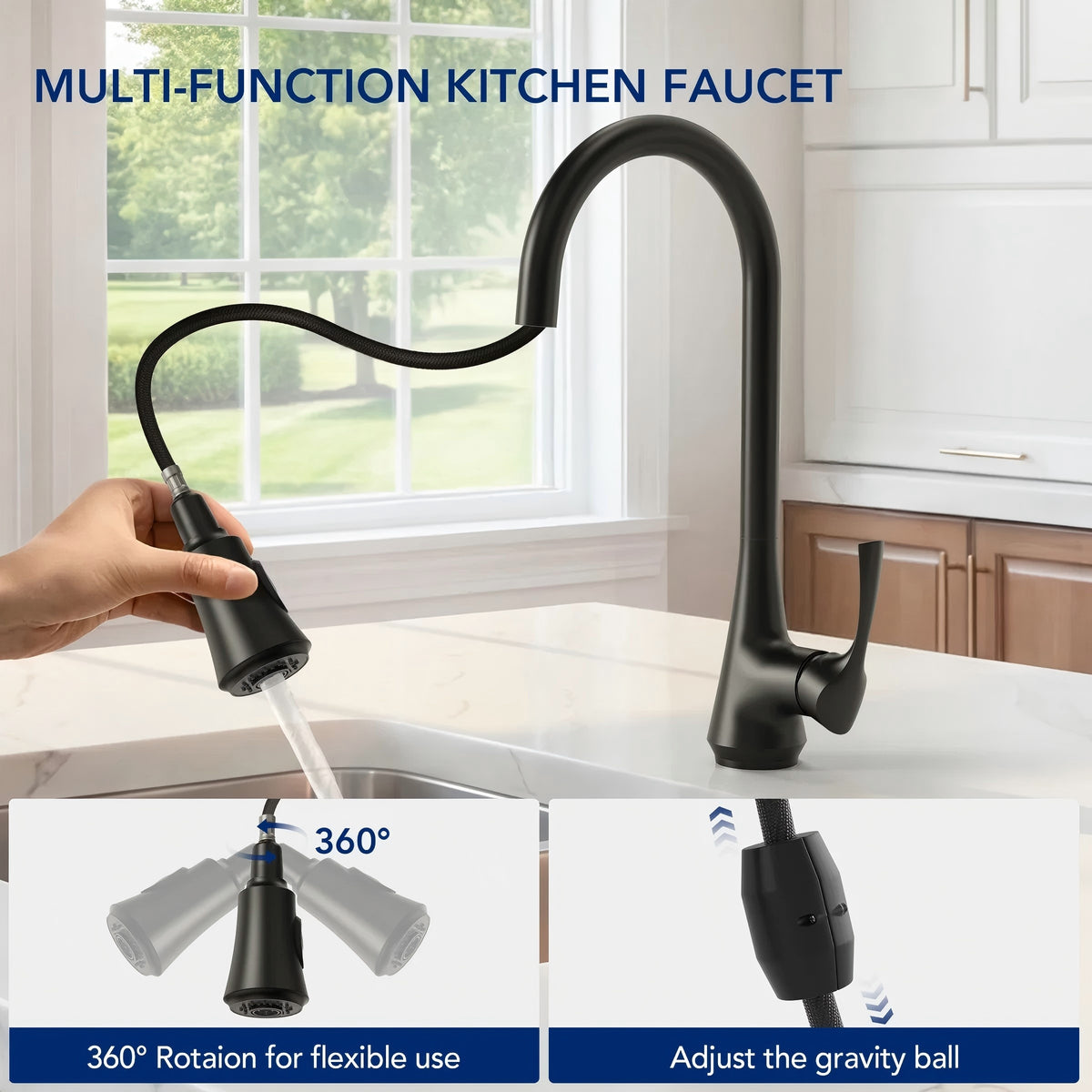 Pull Down Kitchen Sink Faucet, Single Handle Kitchen Faucet with Swivel Spout LP43-CF - Matte Black