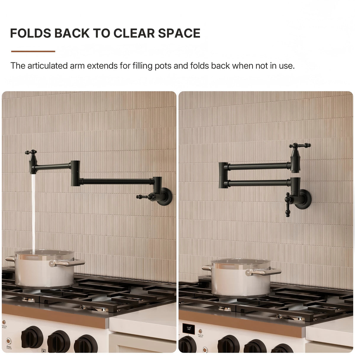 Wall Mount Swing Arm Folding Pot Filler Kitchen Faucet, 2-Handle Kitchen Faucet for Stove Use LP98-CF - Matte Black