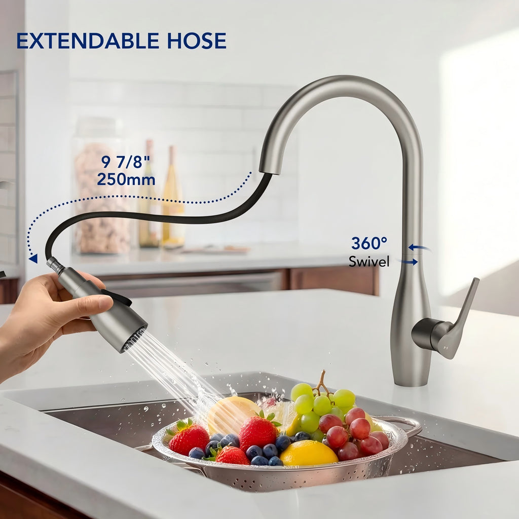 Dual-Function Single-Handle Pull-Down Kitchen Faucet with 360 Degree Swivel Spout LP1068-CF - Stainless Steel