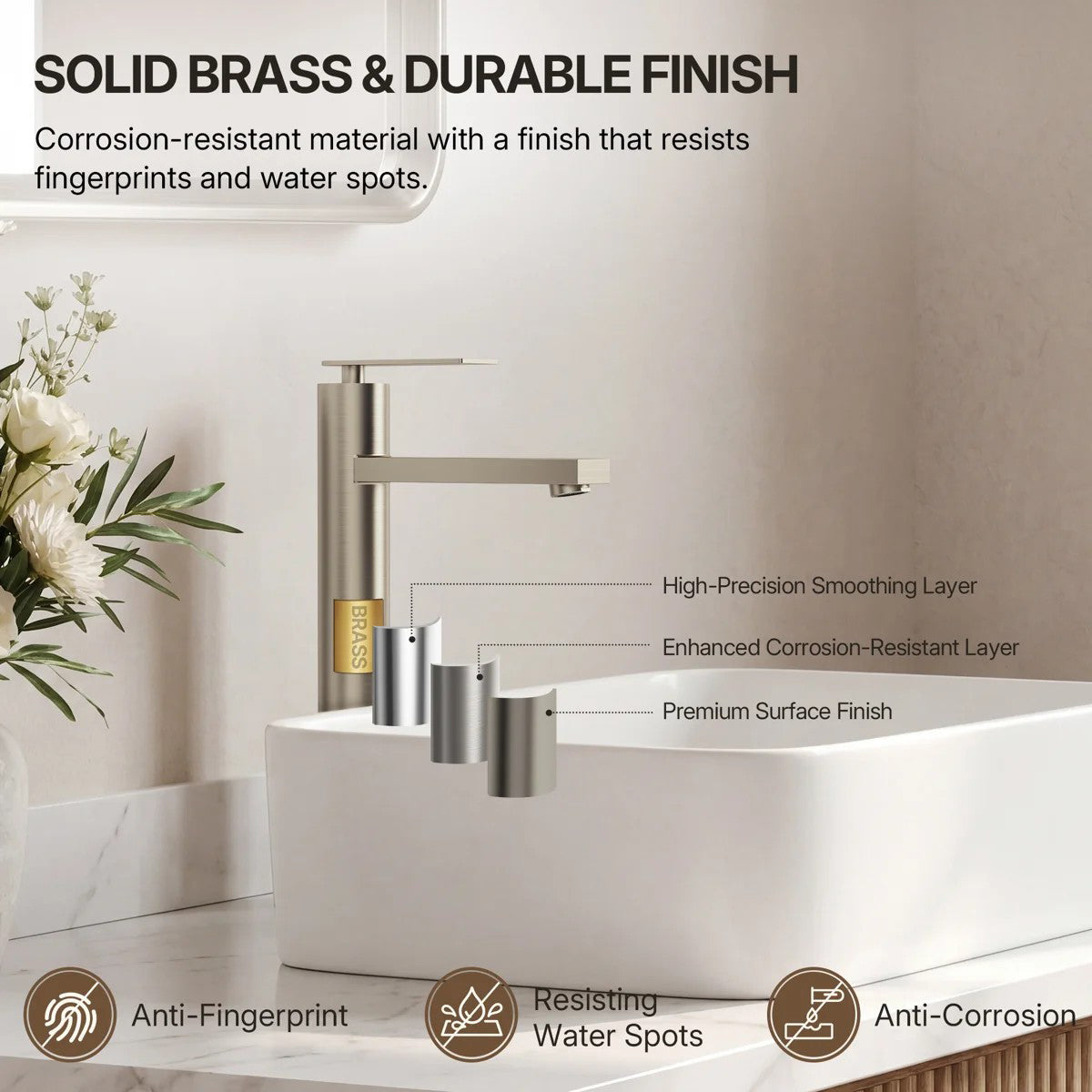 Single Hole Vessel Bathroom Faucet, Single Handle Vessel Bathroom Sink Faucet with Drain Assembly LP0094-YS - Brushed Nickel