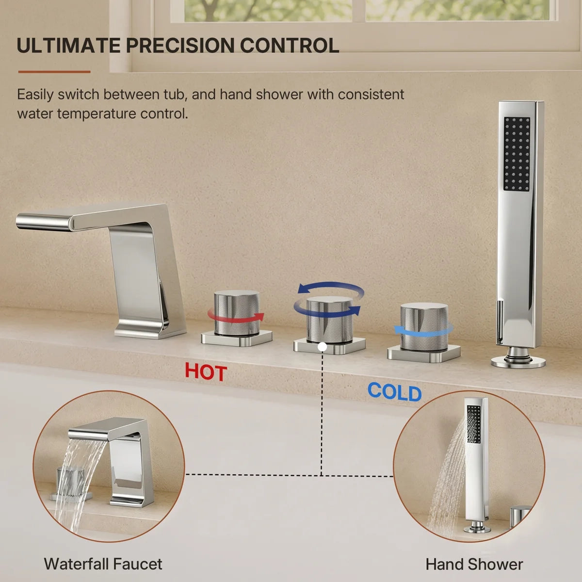 3 Handle Deck Mount Roman Tub Faucet with Waterfall Spout & Handheld Shower LP77098-YG - Chrome