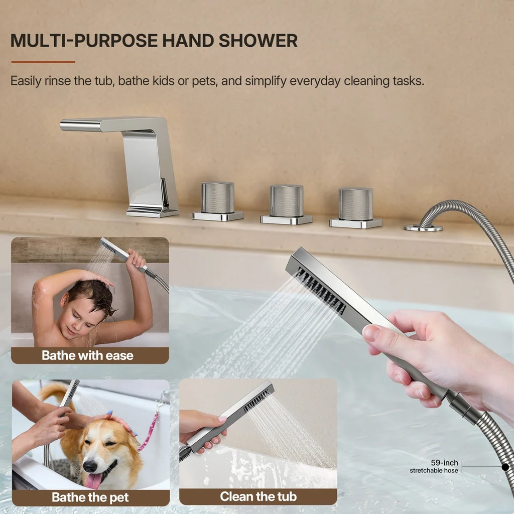 3 Handle Deck Mount Roman Tub Faucet with Waterfall Spout & Handheld Shower LP77098-YG - Chrome