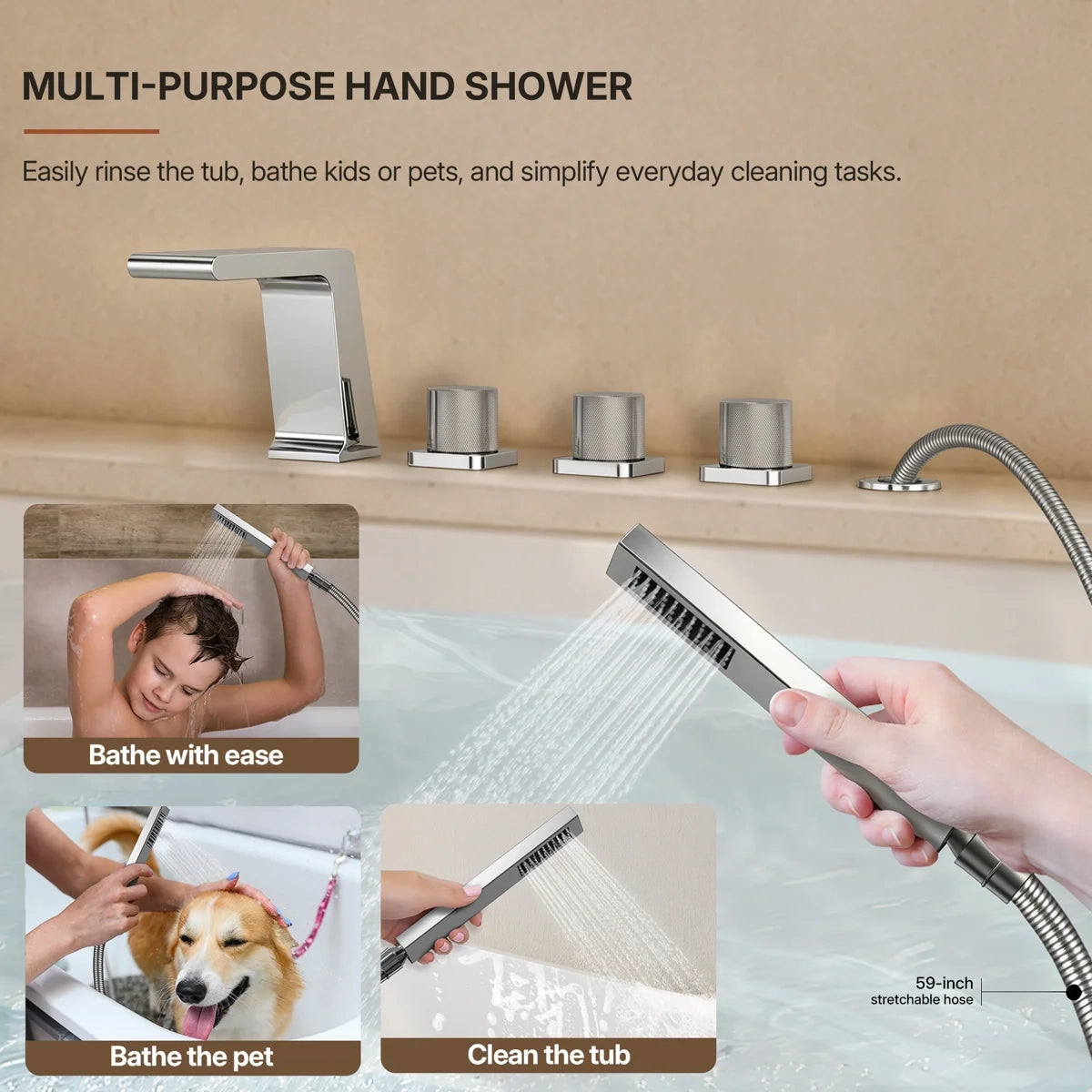 3 Handle Deck Mount Roman Tub Faucet with Waterfall Spout & Handheld Shower LP77098-YG - Chrome
