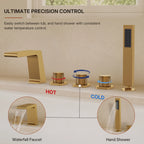 3 Handle Deck Mount Roman Tub Faucet with Waterfall Spout & Handheld Shower LP77865-YS - Brushed Gold