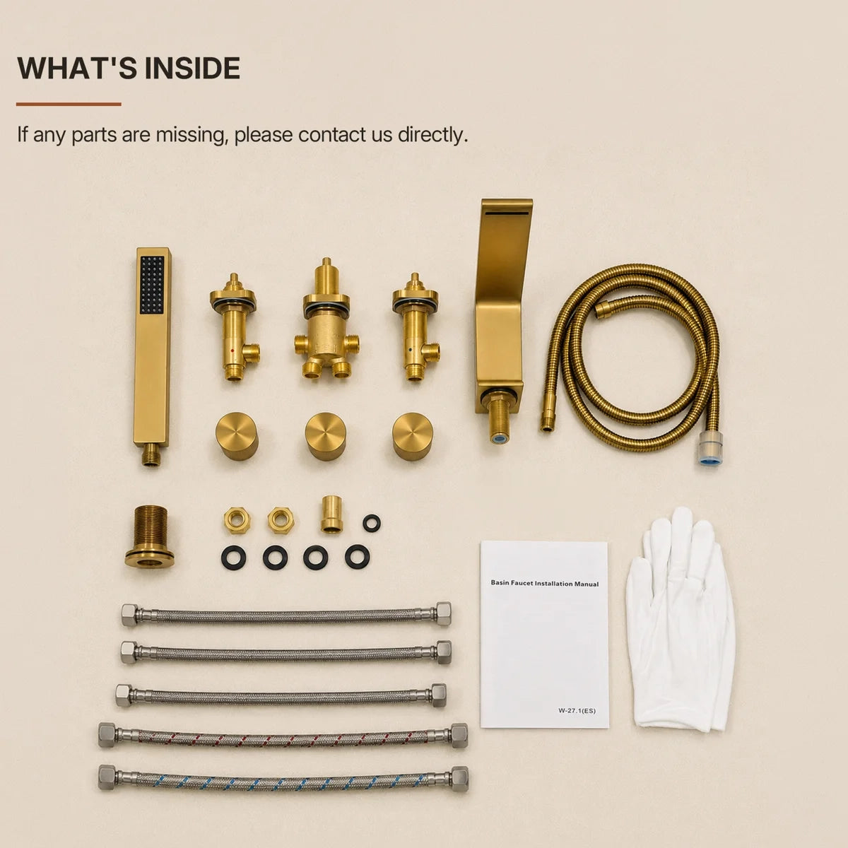 3 Handle Deck Mount Roman Tub Faucet with Waterfall Spout & Handheld Shower LP77865-YS - Brushed Gold