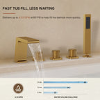 3 Handle Deck Mount Roman Tub Faucet with Waterfall Spout & Handheld Shower LP77865-YS - Brushed Gold