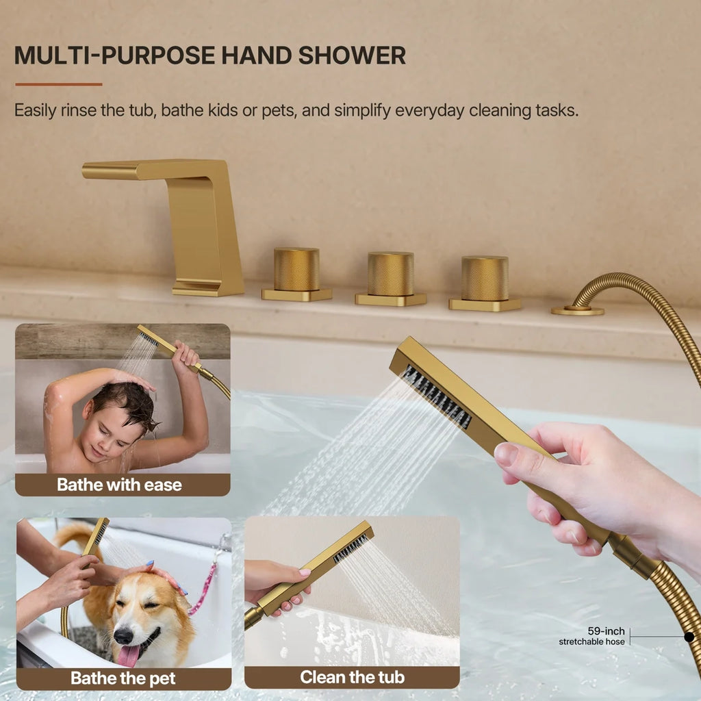 3 Handle Deck Mount Roman Tub Faucet with Waterfall Spout & Handheld Shower LP77865-YS - Brushed Gold
