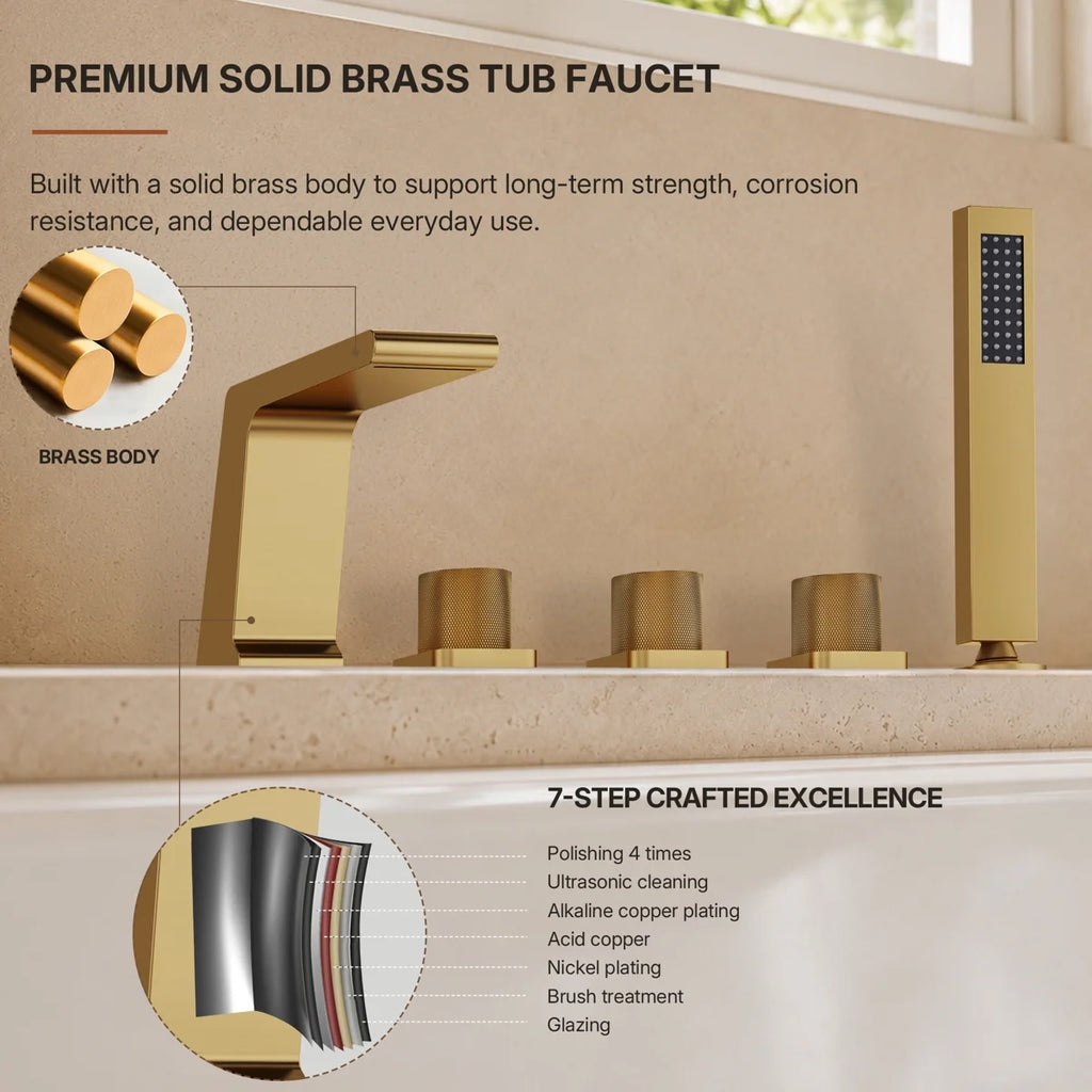 3 Handle Deck Mount Roman Tub Faucet with Waterfall Spout & Handheld Shower LP77865-YS - Brushed Gold