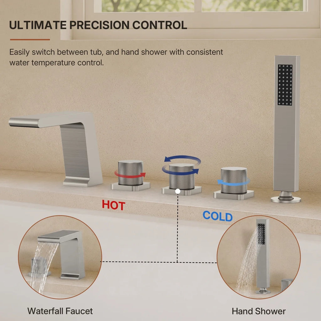 3 Handle Deck Mount Roman Tub Faucet with Waterfall Spout & Handheld Shower LP779921-YS - Brushed Nickel