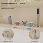 3 Handle Deck Mount Roman Tub Faucet with Waterfall Spout & Handheld Shower LP779921-YS - Brushed Nickel