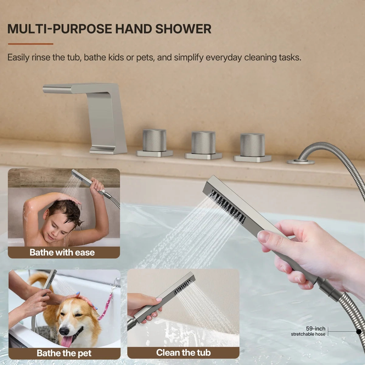 3 Handle Deck Mount Roman Tub Faucet with Waterfall Spout & Handheld Shower LP779921-YS - Brushed Nickel