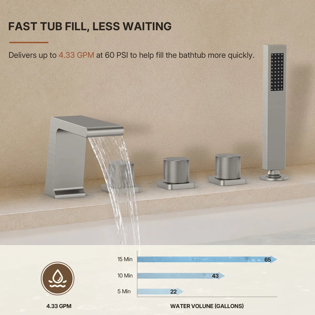 3 Handle Deck Mount Roman Tub Faucet with Waterfall Spout & Handheld Shower LP779921-YS - Brushed Nickel