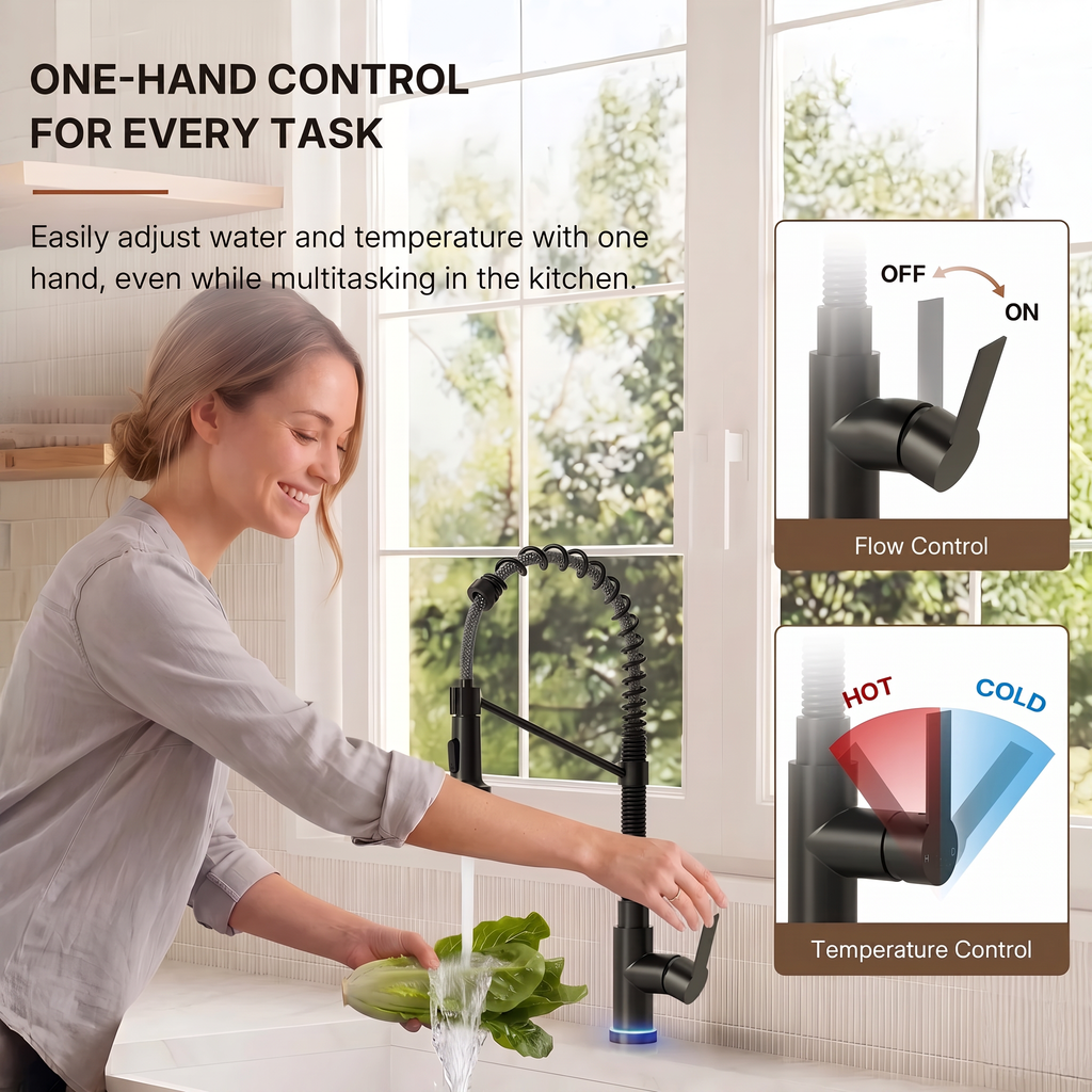 Contemporary Commercial-Style 2-Function Single-Handle Pull-Down Kitchen Faucet with LED Base LP220219-CF - Matte Black