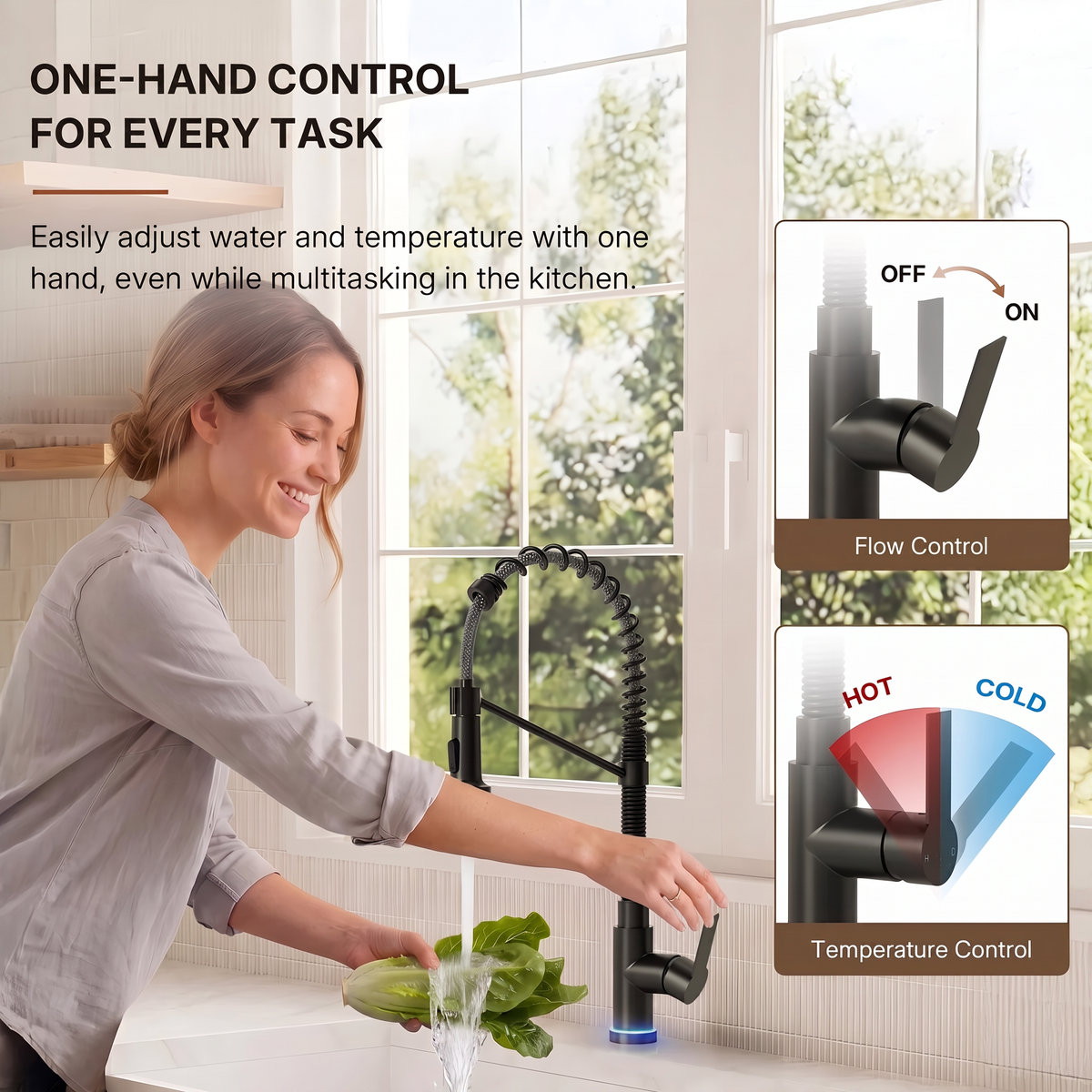 Contemporary Commercial-Style 2-Function Single-Handle Pull-Down Kitchen Faucet with LED Base LP220219-CF - Matte Black