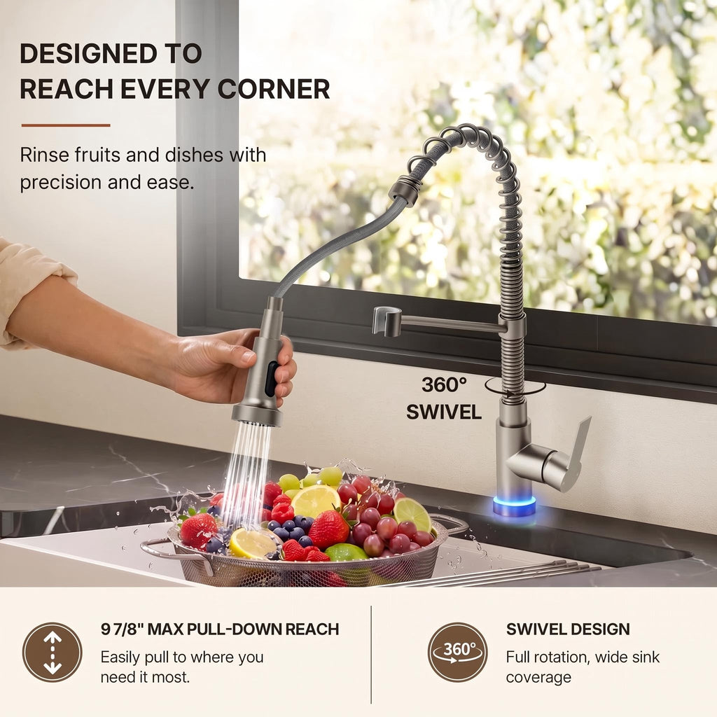 Contemporary Commercial-Style 2-Function Single-Handle Pull-Down Kitchen Faucet with LED Base LP3398-CF- Brushed Nickel