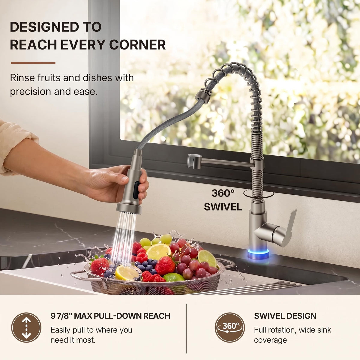 Contemporary Commercial-Style 2-Function Single-Handle Pull-Down Kitchen Faucet with LED Base LP3398-CF- Brushed Nickel
