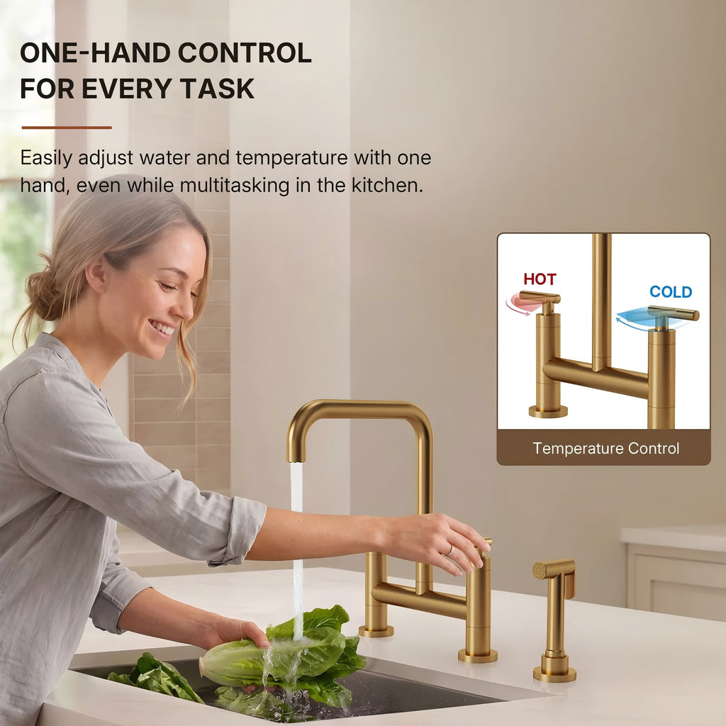 Bridge Kitchen Faucet with Swivel Spout, 2-Handle Kitchen Faucet with Side Spray LP090-CF - Brushed Gold