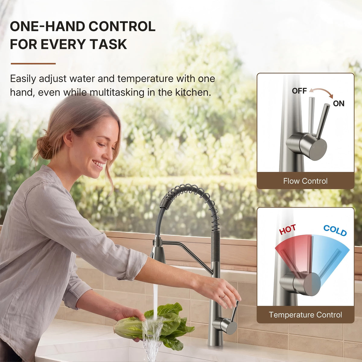 Commercial Dual-Function Pull Down Kitchen Faucet with High Arc Spring Spout LP04412-CF - Brushed Nickel
