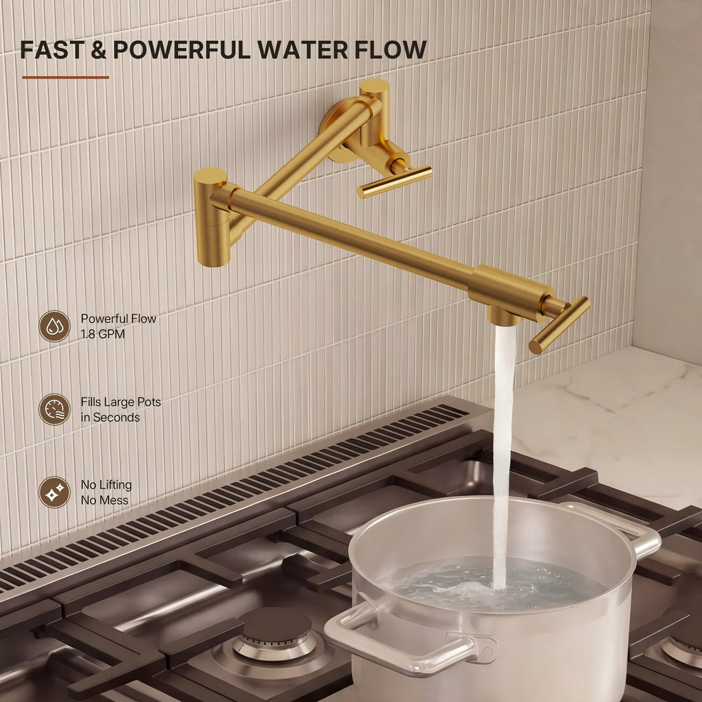 Wall Mount Pot Filler Faucet with Retractable Arm, 2-Handle Kitchen Faucet for Stove Use LP170-CF - Brushed Gold