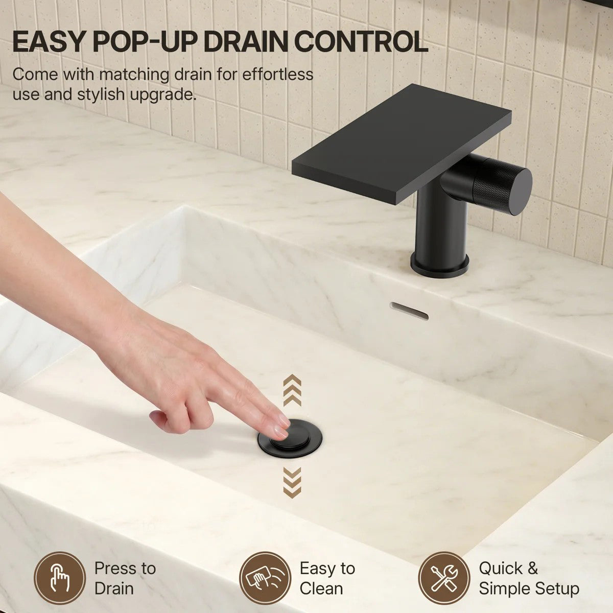 Single Hole Bathroom Faucet, Single-Handle Waterfall Sink Faucet with Drain Assembly LPBK0021 - Matte Black