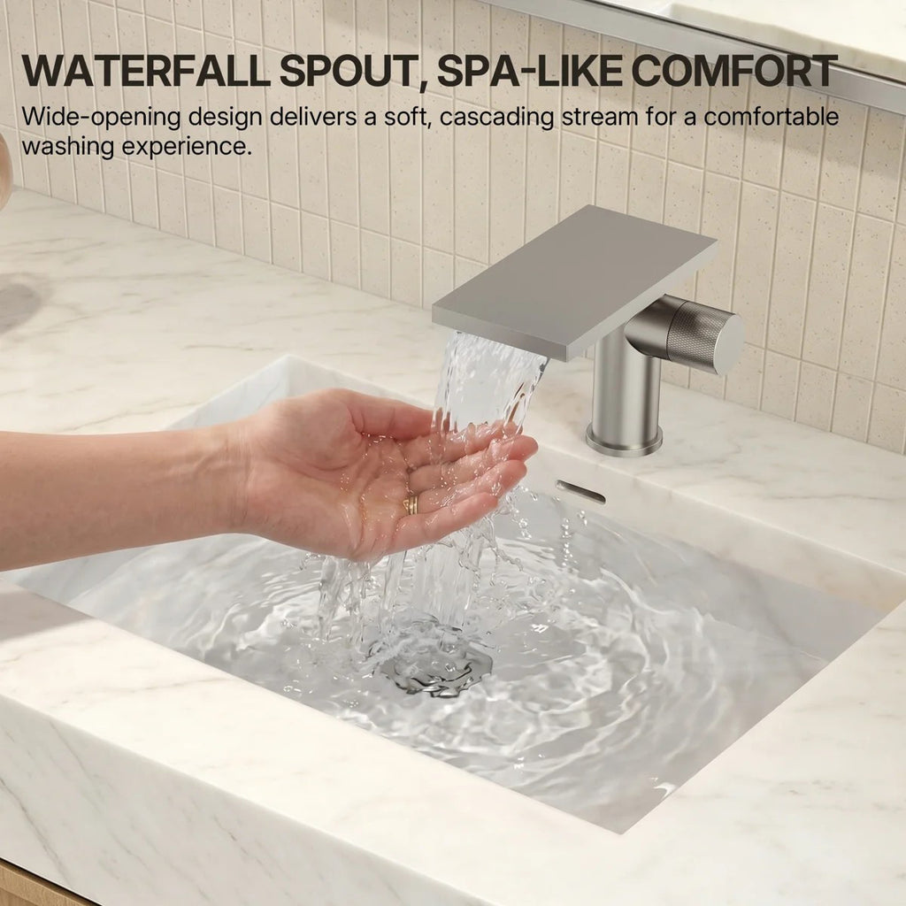 Single Hole Bathroom Faucet, Single-Handle Waterfall Sink Faucet with Drain Assembly LP0168-YS - Brushed Nickel