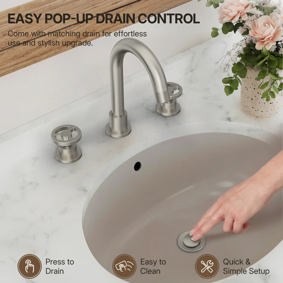 Widespread 3-Hole Bathroom Sink Faucet, 2-Handle Faucet with Wheel Knob Handles and Drain Assembly LP08100-YS - Brushed Nickel