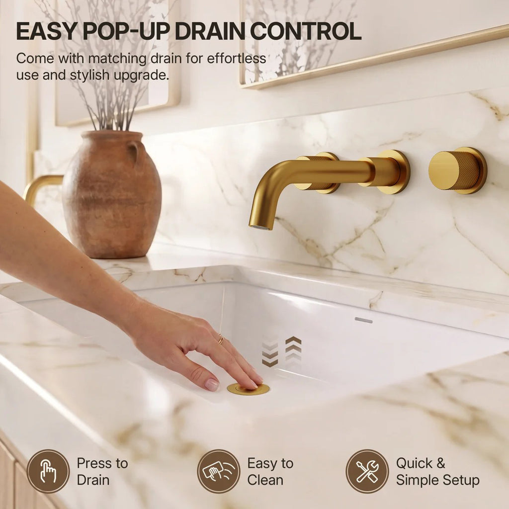 Wall Mounted Bathroom Faucet 3 Hole,2-Handle Bathroom Sink Faucet with Drain Assembly, Brushed Gold LP020103-YS - Brushed Gold