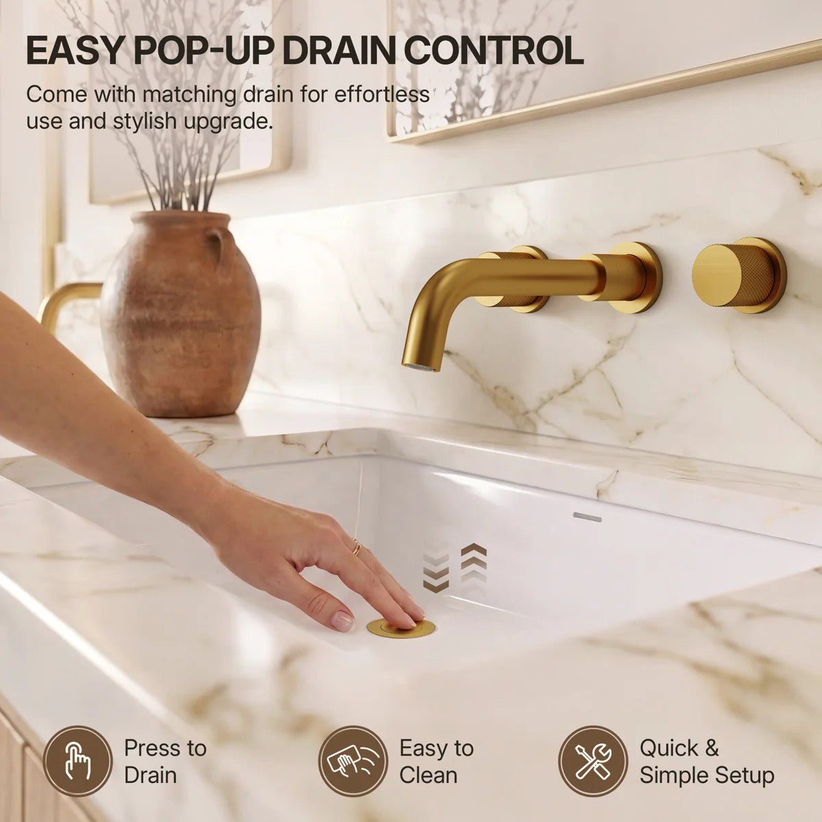 Wall Mounted Bathroom Faucet 3 Hole,2-Handle Bathroom Sink Faucet with Drain Assembly, Brushed Gold LP020103-YS - Brushed Gold