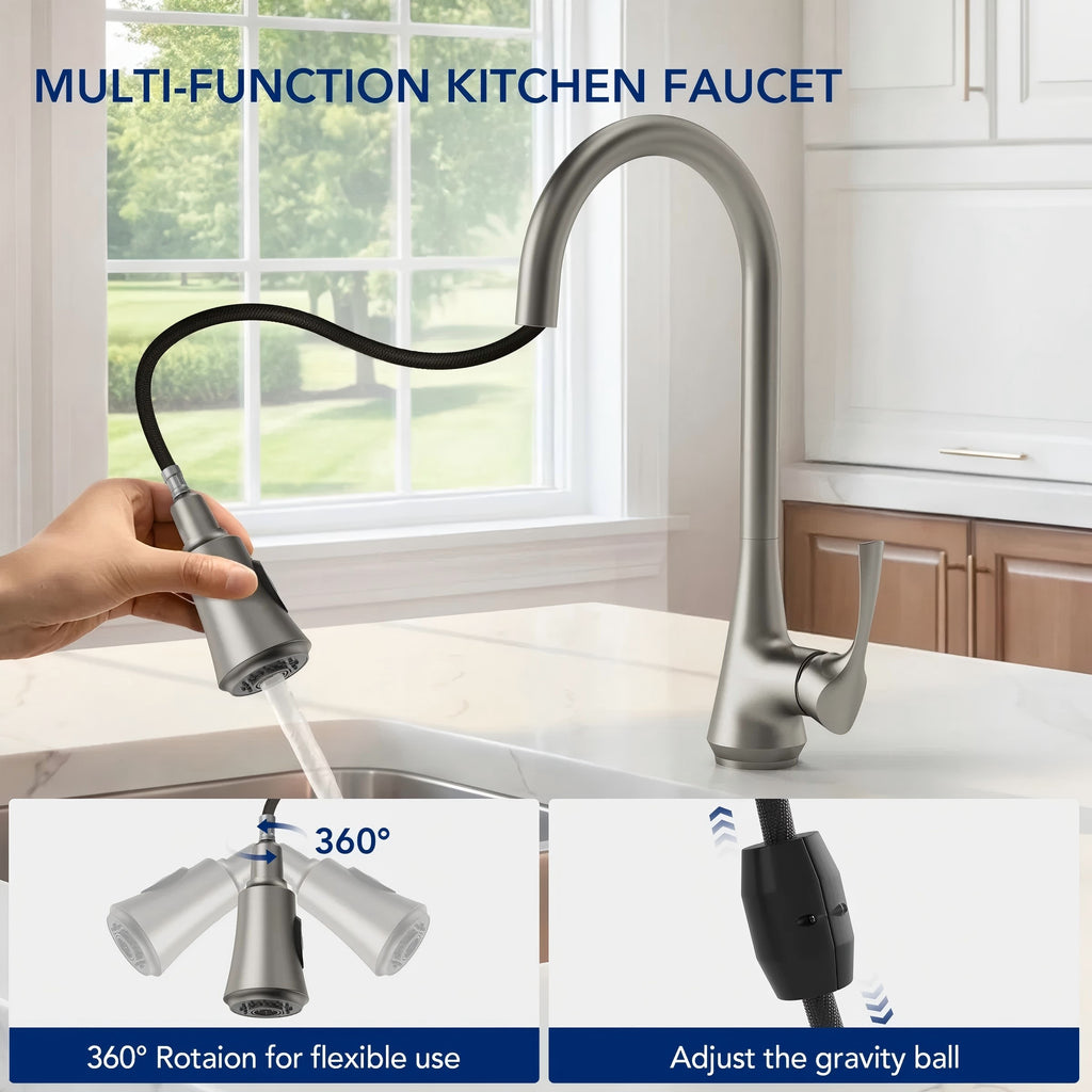 Pull Down Kitchen Sink Faucet, Single Handle Kitchen Faucet with Swivel Spout LP32CF-SS - Stainless Steel