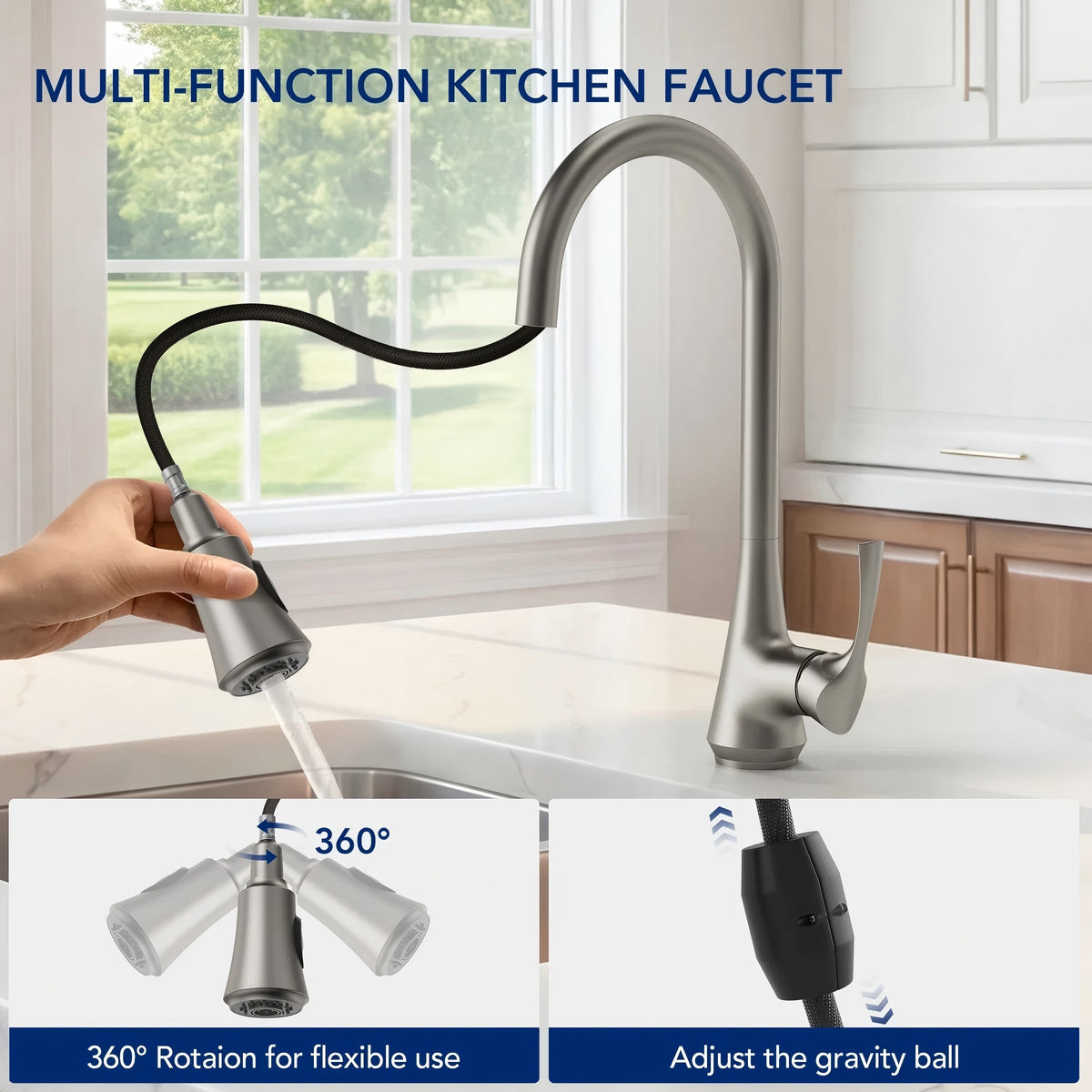 Pull Down Kitchen Sink Faucet, Single Handle Kitchen Faucet with Swivel Spout LP32CF-SS - Stainless Steel