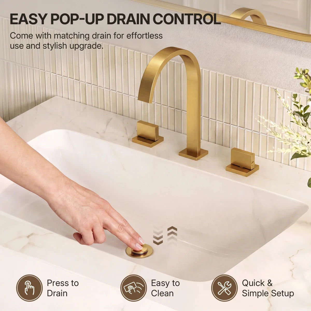 Widespread Bathroom Faucet 3 Hole, 2-handle Bathroom Sink Faucet with Drain Assembly LP0054568-YS - Brushed Gold