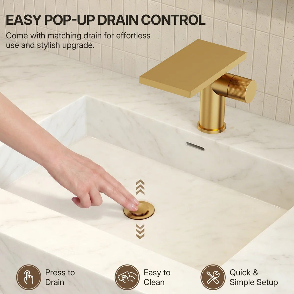 Single Hole Bathroom Faucet, Single-Handle Waterfall Sink Faucet with Drain Assembly LP023-YS - Brushed Gold