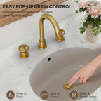 Widespread 3-Hole Bathroom Sink Faucet, 2-Handle Faucet with Wheel Knob Handles and Drain Assembly LP0916-YS - Brushed Gold
