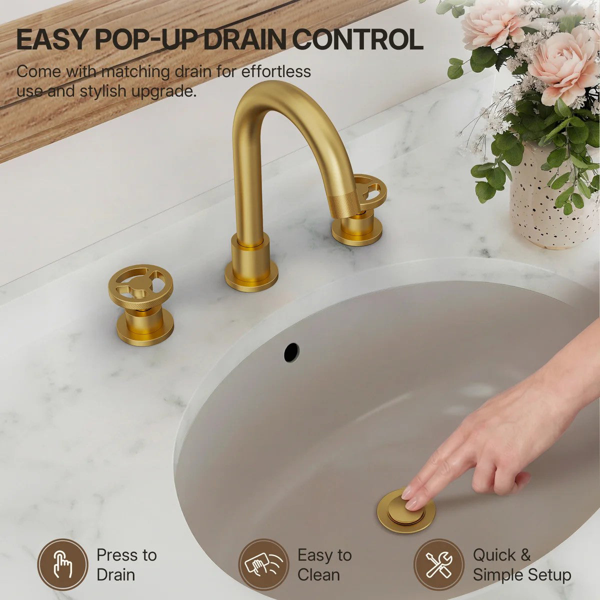 Widespread 3-Hole Bathroom Sink Faucet, 2-Handle Faucet with Wheel Knob Handles and Drain Assembly LP0916-YS - Brushed Gold