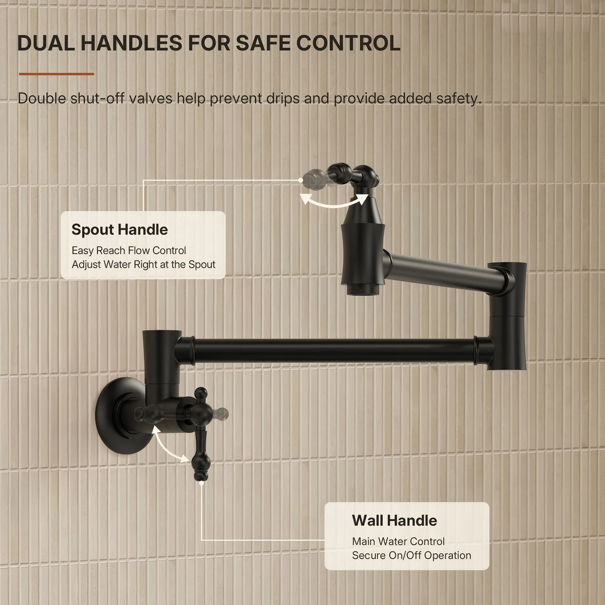Wall Mount Swing Arm Folding Pot Filler Kitchen Faucet, 2-Handle Kitchen Faucet for Stove Use LP98-CF - Matte Black