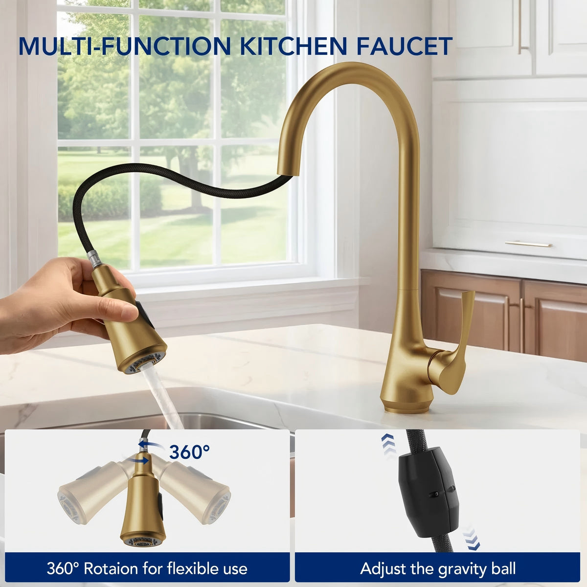 Pull Down Kitchen Sink Faucet, Single Handle Kitchen Faucet with Swivel Spout LP0776-CF - Brushed Gold