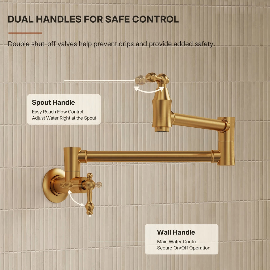 Brass Wall-Mount Pot Filler Kitchen Faucet with Swing Arms LP15W-CF - Brushed Gold