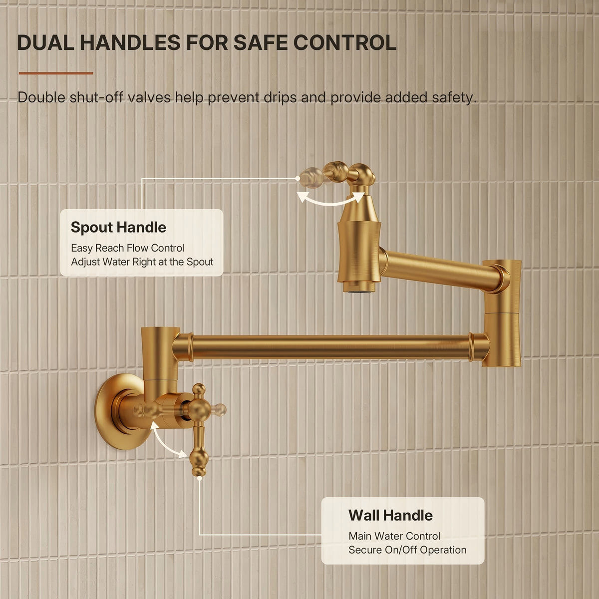 Brass Wall-Mount Pot Filler Kitchen Faucet with Swing Arms LP15W-CF - Brushed Gold