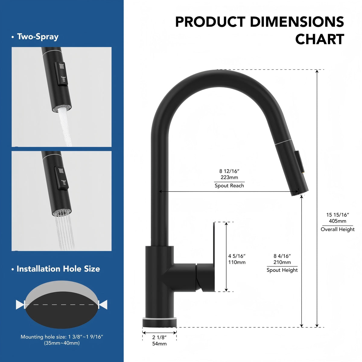 Pull Down Sprayer Kitchen Sink Faucet, Single Handle Kitchen Faucet with LED Light Base LP33031-CF - Matte Black