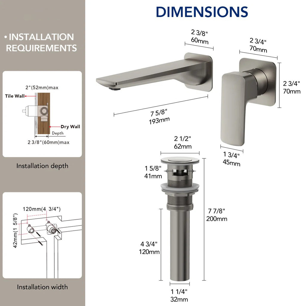 Wall Mounted Bathroom Faucet, Single-handle Bathroom Sink Faucet with Drain Assembly LP2299882-YS - Brushed Nickel